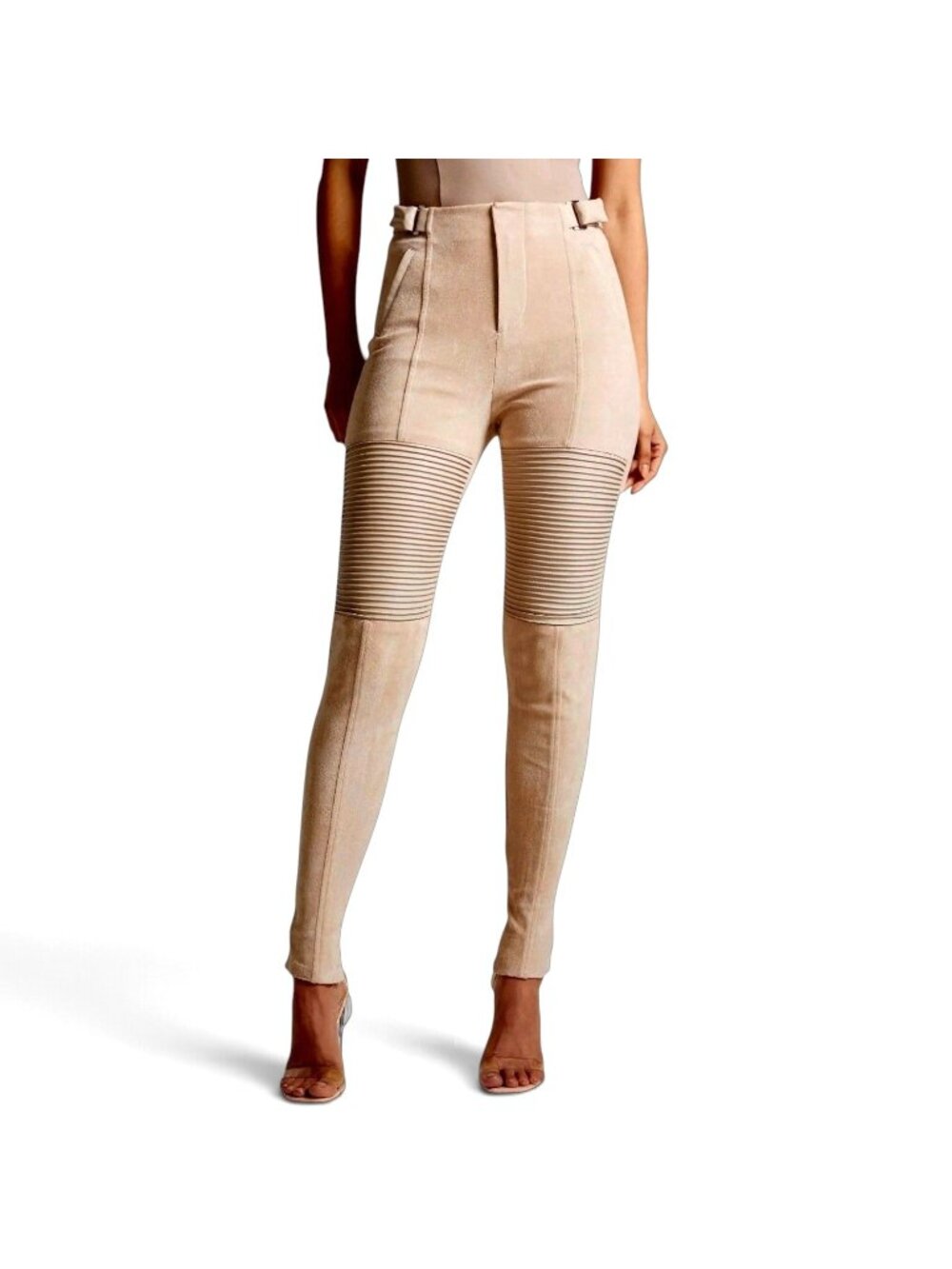 Maniere De Voir Vegan Suede Biker Leggings UK14 US10 Beige Moto Ribbed